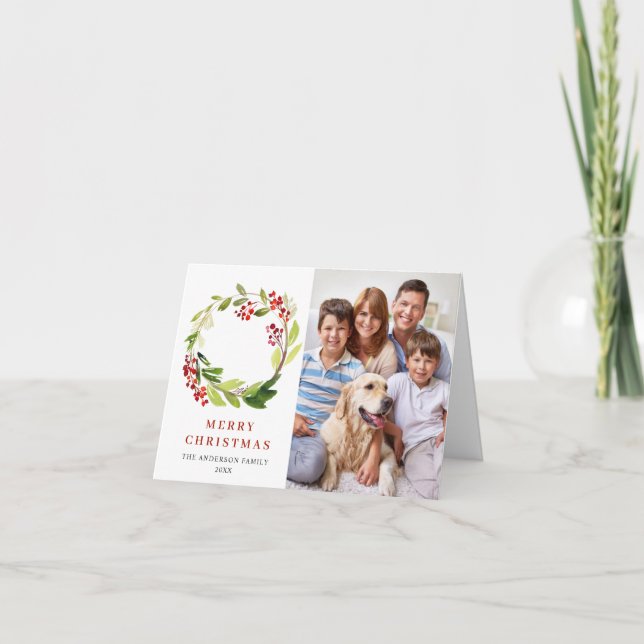 2 PHOTO Holly Berry Wreath Christmas Greeting Holiday Card (Front)