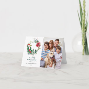 2 PHOTO Holly Poinsettia Wreath Christmas Greeting Holiday Card