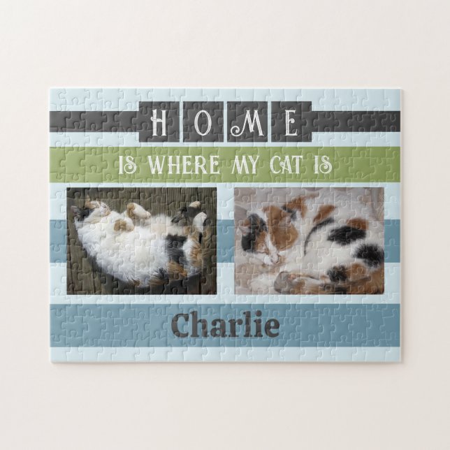 2 photo home is cat or dog add name grey jigsaw puzzle (Horizontal)