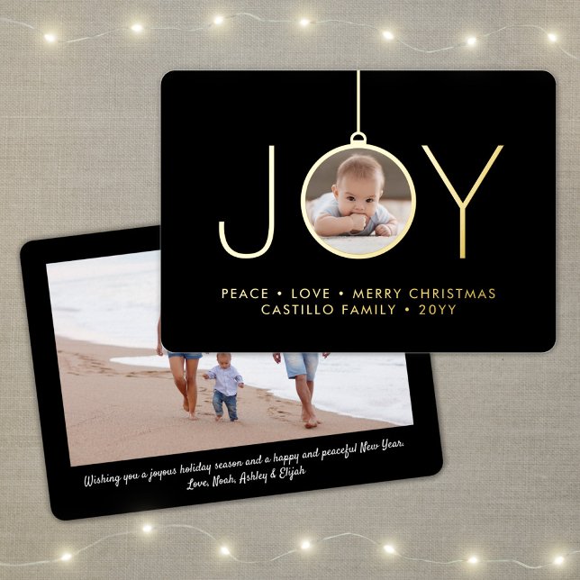 2 Photo Joy Christmas Ornament Chic Black Modern Foil Holiday Card (Creator Uploaded)