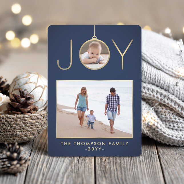 2 Photo Joy Christmas Ornament Navy Blue and Gold Holiday Card (Creator Uploaded)