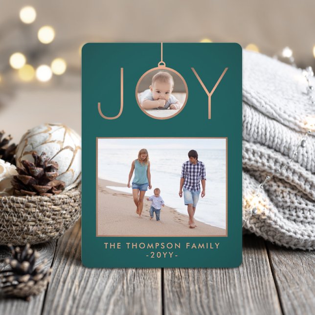 2 Photo Joy Christmas Ornament Teal Green & Copper Holiday Card (Creator Uploaded)