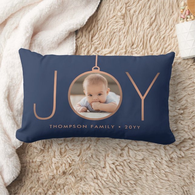 2 Photo JOY Navy Blue Copper Chic Modern Christmas Lumbar Cushion (Blanket)