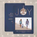 2 Photo Joy Ornament Elegant Modern Navy & Copper Holiday Card<br><div class="desc">Celebrate the simple joys of the holidays and share two of your favorite photos with an elegant navy blue and faux copper Christmas card. Text on this template is easy to customize to include any wording, such as Merry Christmas, Happy Holidays, Seasons Greetings, Cheers to the New Year etc. (IMAGE...</div>