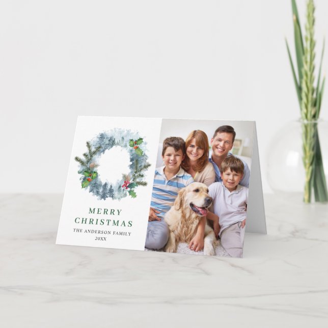 2 PHOTO Landscape Wreath Christmas Holly Berry  Holiday Card (Front)