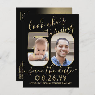 2 Photo Look Who's 50 Birthday Save The Date Gold Announcement Postcard