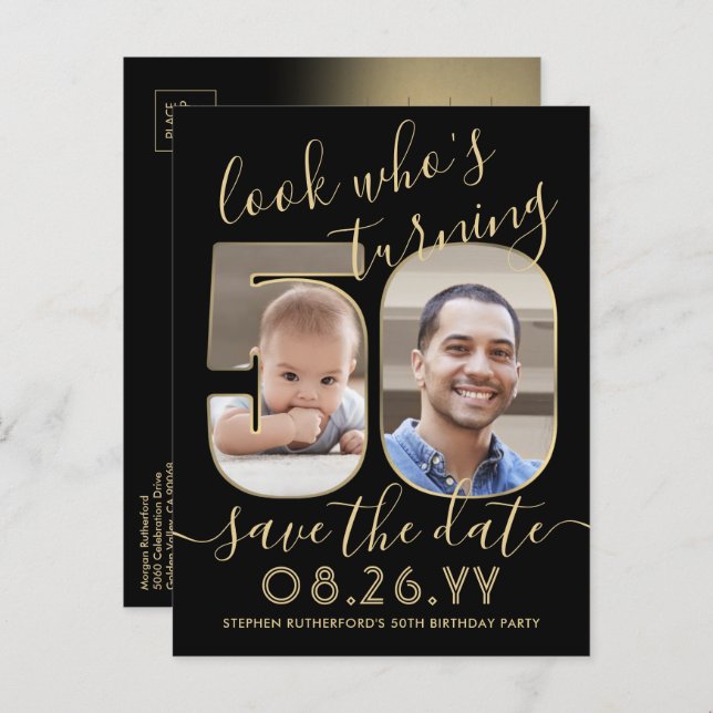 2 Photo Look Who's 50 Birthday Save The Date Gold Announcement Postcard (Front/Back)