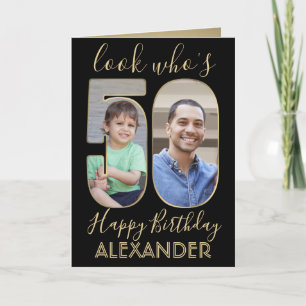 2 Photo Look Who's 50 Fiftieth Birthday Black Gold Card