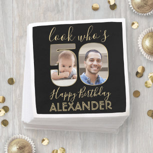 2 Photo Look Who's 50 Fiftieth Birthday Black Gold Napkin