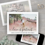 2 Photo Love is Patient Wedding Postponement Save The Date<br><div class="desc">If unexpected circumstances have caused a postponement or cancelation of your special day, inform family and friends of the change in plans with these elegant "love is patient" wedding save the new date invitations. Pictures and all text are simple to customize. (IMAGE PLACEMENT TIP: An easy way to center a...</div>