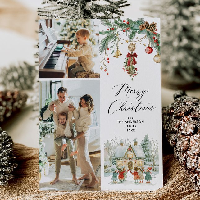 2 Photo Merry Christmas Cute Carolers Winter Scene Holiday Card (Creator Uploaded)