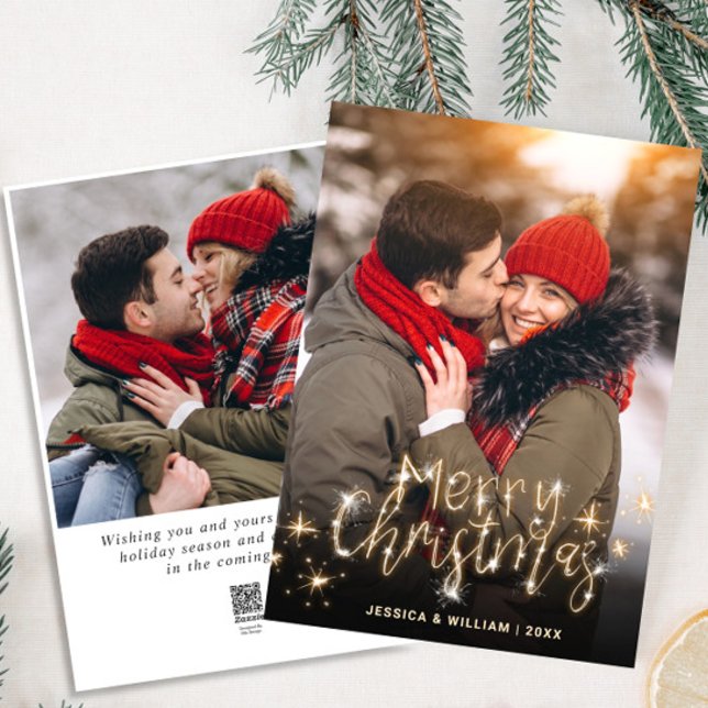 2 PHOTO Merry Christmas Golden Sparkler Greeting Holiday Card (Creator Uploaded)