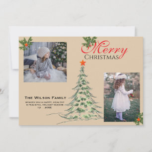 2 Photo Merry Christmas & Greenery Branches  Holiday Card