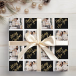 2 Photo Merry Christmas Happy New Year Gold Script Wrapping Paper<br><div class="desc">This modern wrapping paper features a repeating grid pattern of alternating text and images where you can add your own family photos. In half o the squares, seasonal phrases ("Merry Christmas" and "Happy New Year") appear in gold faux foil script on a black background. Easily replace the sample images in...</div>