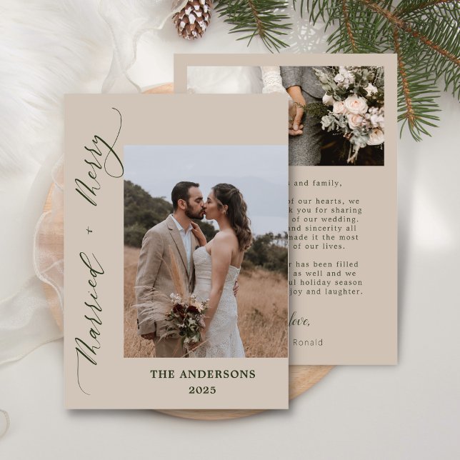 2 Photo Merry Married Script Wedding Christmas Thank You Card (Creator Uploaded)