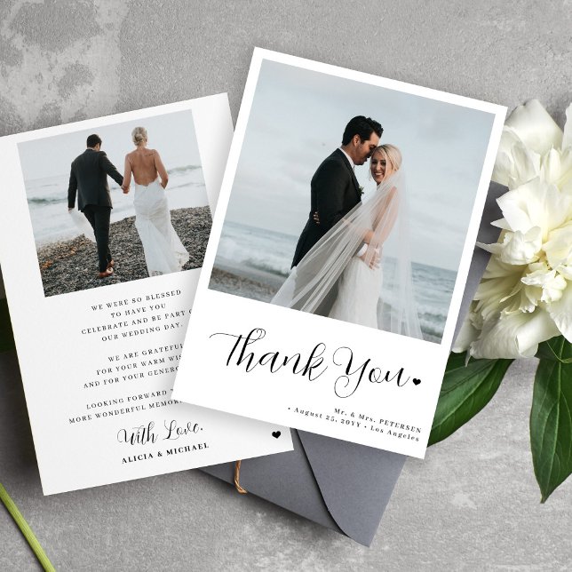 2 photo minimalist calligraphy script wedding thank you card (Creator Uploaded)