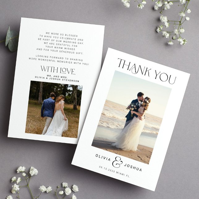 2 photo minimalist typography simple wedding thank you card (Creator Uploaded)