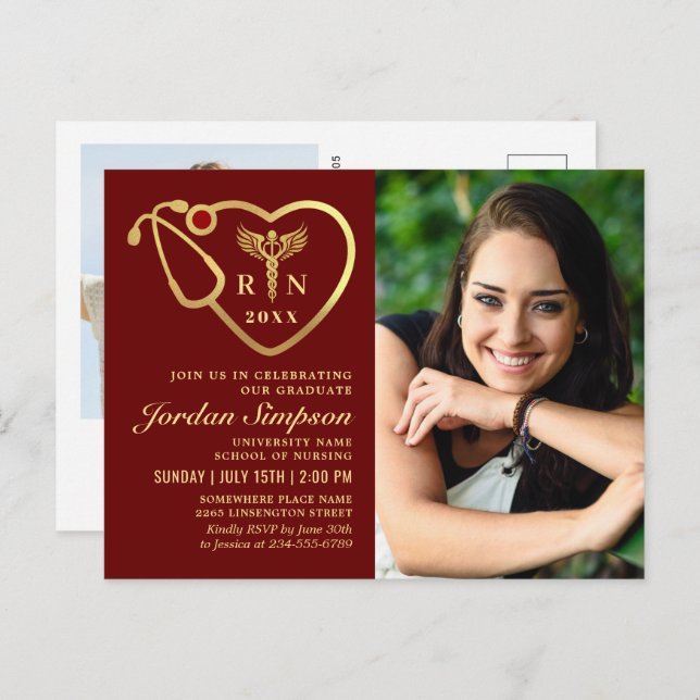 2 Photo Modern Black Gold Nursing Graduation Invitation Postcard (Front/Back)