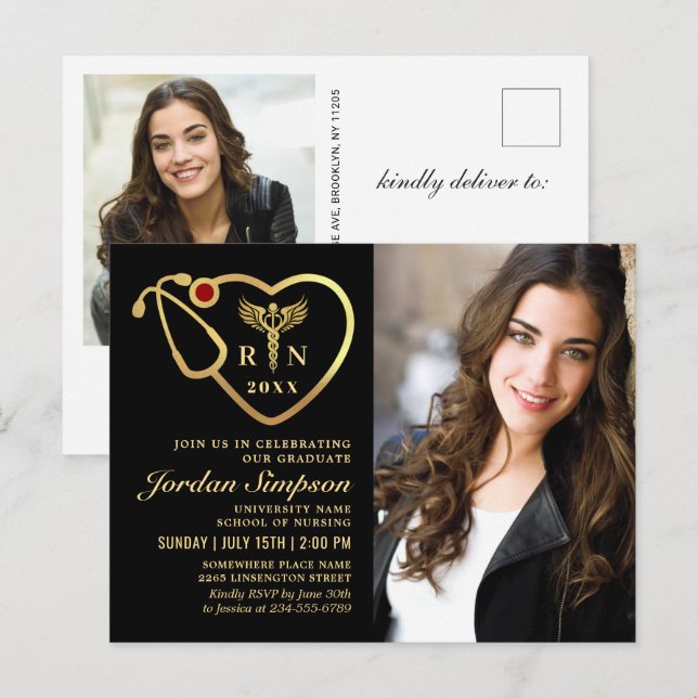 2 Photo Modern Black Gold Nursing Graduation  Invitation Postcard (Front/Back)