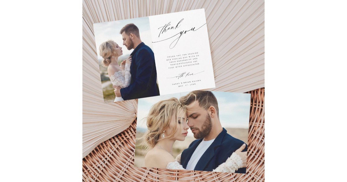 2 Photo Modern Chic Calligraphy Wedding Thank You Card | Zazzle