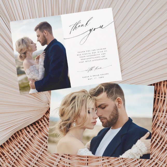2 Photo Modern Chic Calligraphy Wedding  Thank You Card (Creator Uploaded)