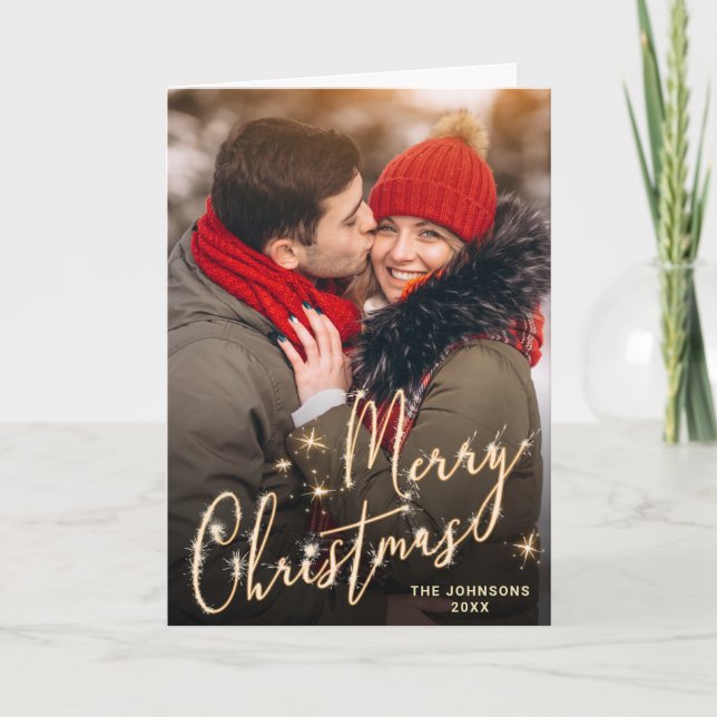 2 PHOTO Modern Golden Christmas Greeting Holiday Card (Front)