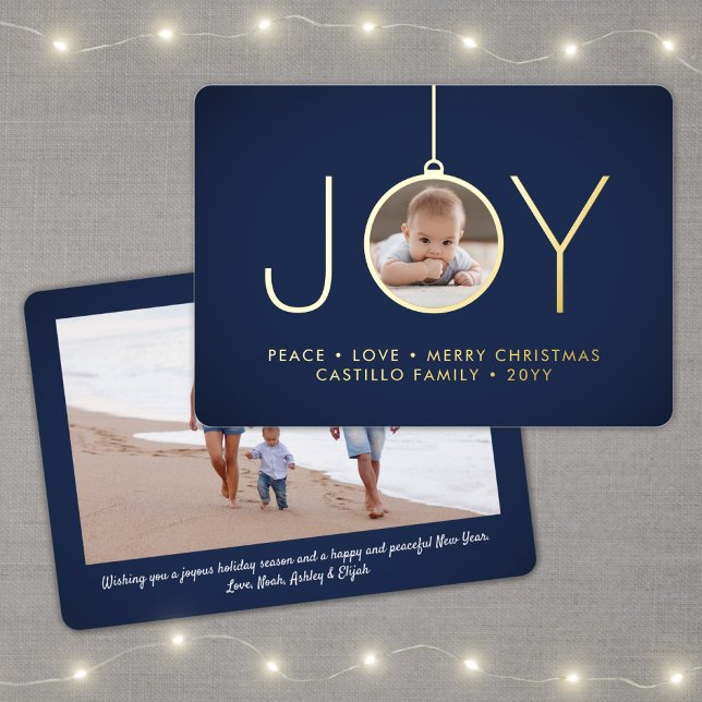 2 Photo Modern Joy Christmas Ornament Navy & Gold Foil Holiday Card (Creator Uploaded)