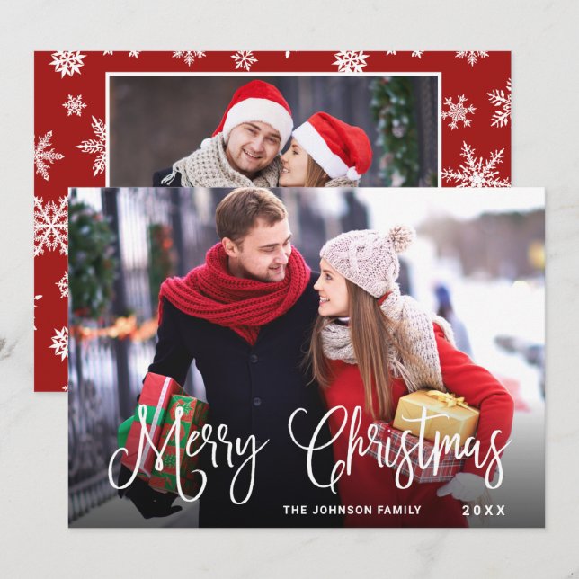 2 PHOTO Modern Merry Christmas Greeting Holiday Card (Front/Back)