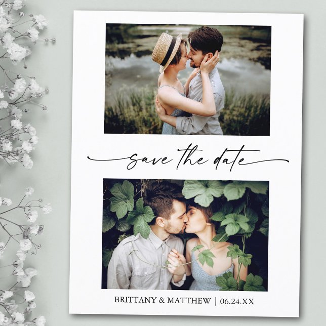 2 Photo Modern Minimalist Ink Script Save The Date Postcard (Customize to change your personalized text size or text style.)