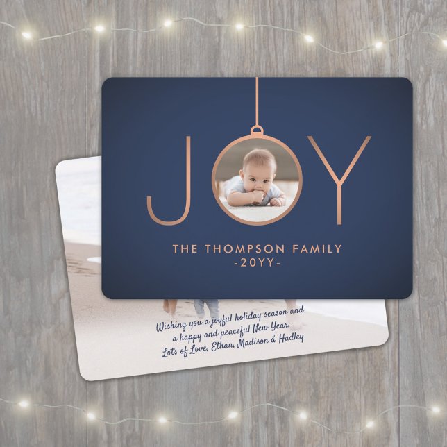 2 Photo Modern Minimalist Joy Navy Blue Copper Holiday Card (Creator Uploaded)