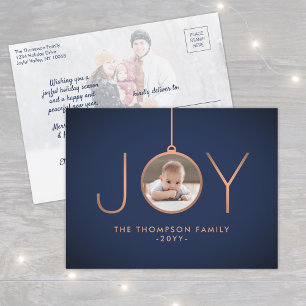 2 Photo Modern Minimalist Joy Navy Blue Copper Holiday Postcard