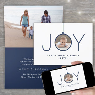 2 Photo Modern Minimalist Navy Blue White Joy Holiday Card