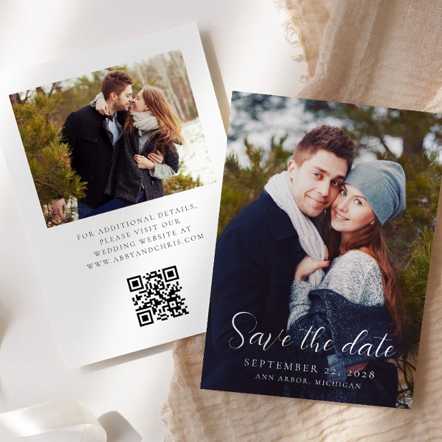 2-Photo Modern Script Overlay QR Code Wedding Save The Date (Creator Uploaded)