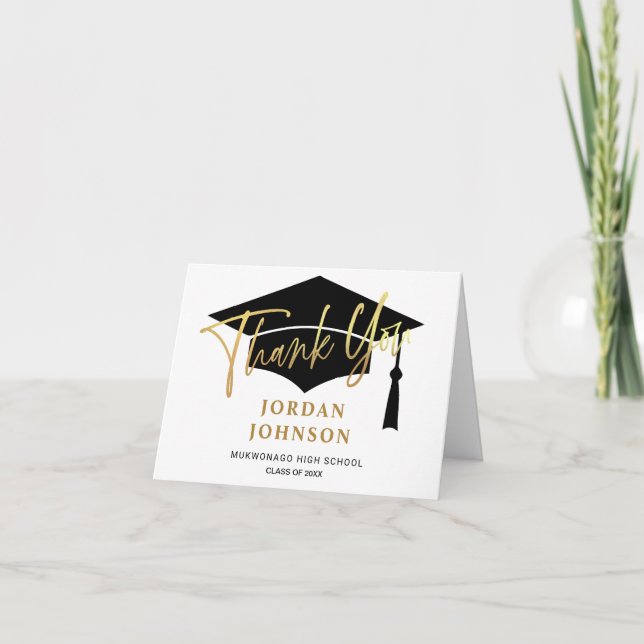 2 PHOTO Modern Simple Minimalist Golden Graduation Thank You Card (Front)