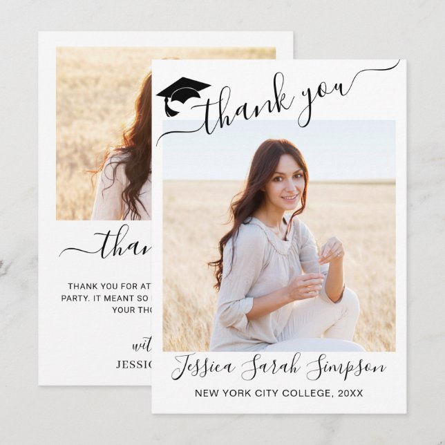 2 PHOTO Modern Simple Minimalist Graduation  Thank You Card (Front/Back)