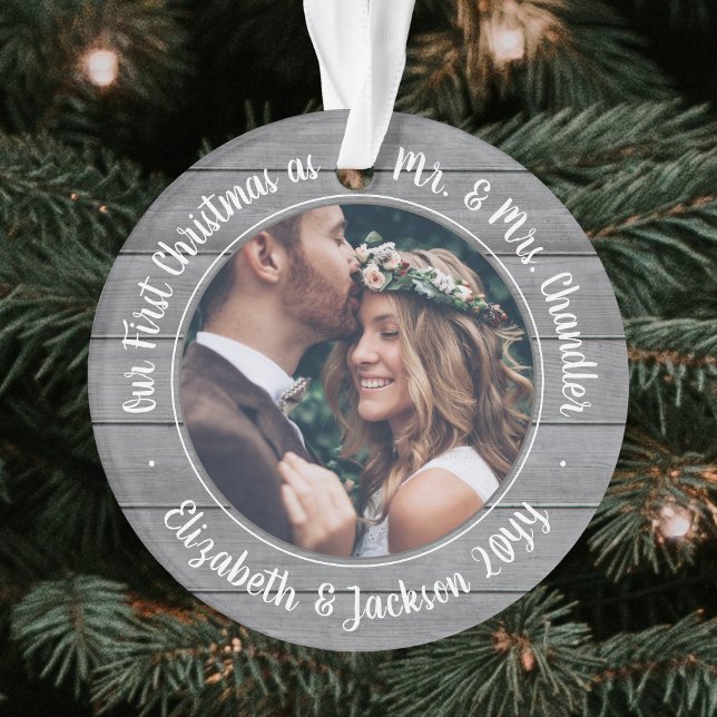 2 Photo Mr & Mrs 1st Christmas Grey Faux Wood Ornament (Creator Uploaded)