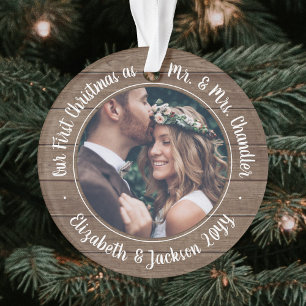 2 Photo Mr & Mrs 1st Christmas Rustic Faux Wood Ornament