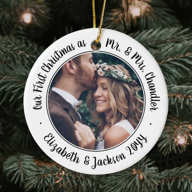 2 Photo Mr & Mrs 1st Christmas Script Black White Ceramic Tree Decoration (Creator Uploaded)