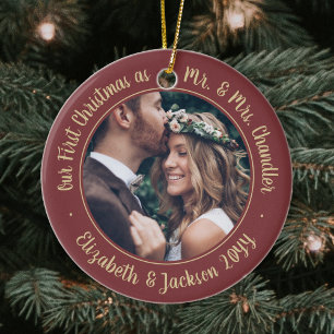 2 Photo Mr & Mrs 1st Christmas Script Burgundy Ceramic Tree Decoration