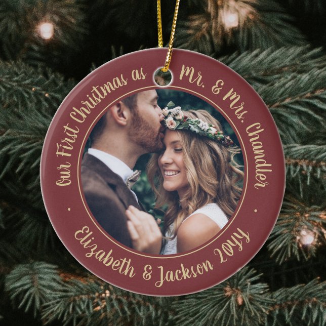 2 Photo Mr & Mrs 1st Christmas Script Burgundy Ceramic Tree Decoration (Creator Uploaded)