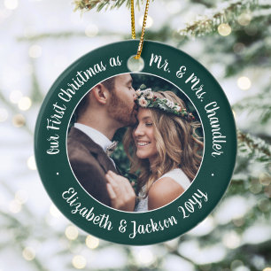 2 Photo Mr & Mrs 1st Christmas Script Green White Ceramic Tree Decoration