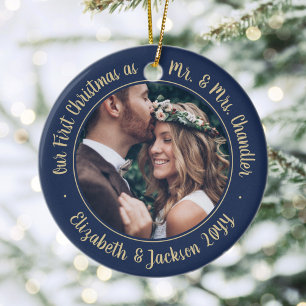 2 Photo Mr & Mrs 1st Christmas Script Navy & Gold Ceramic Tree Decoration