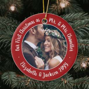 2 Photo Mr & Mrs 1st Christmas Script Red & White Ceramic Tree Decoration