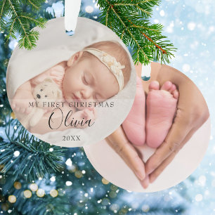 2 Photo My First Christmas Baby Script Name Ornament