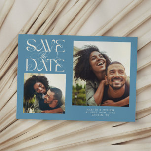 2 Photo Mystical Modern Typography Denim Blue Save The Date