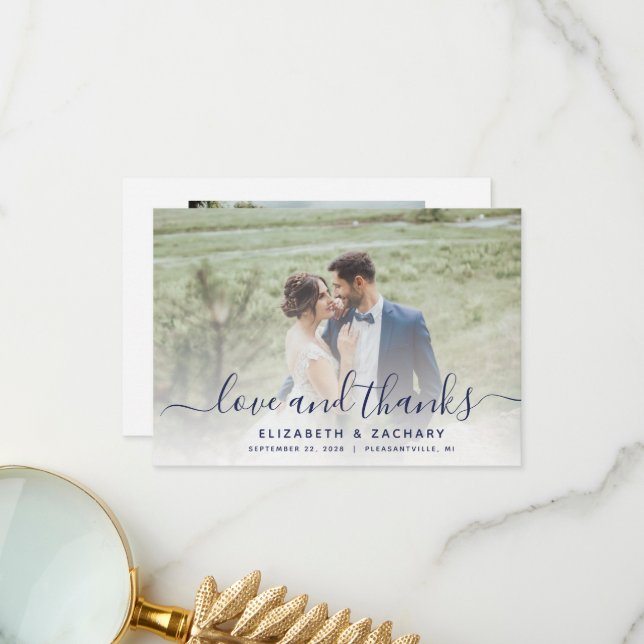 2-Photo Navy Blue Script Wedding Thank You Card (Front/Back In Situ)