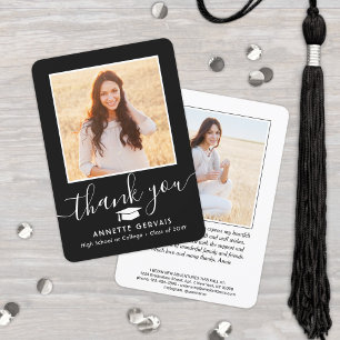 2 Photo New Address Black White Script Graduation Thank You Card