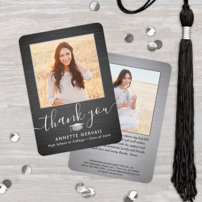 2 Photo New Address Brushed Black Graduation Thank You Card (Creator Uploaded)