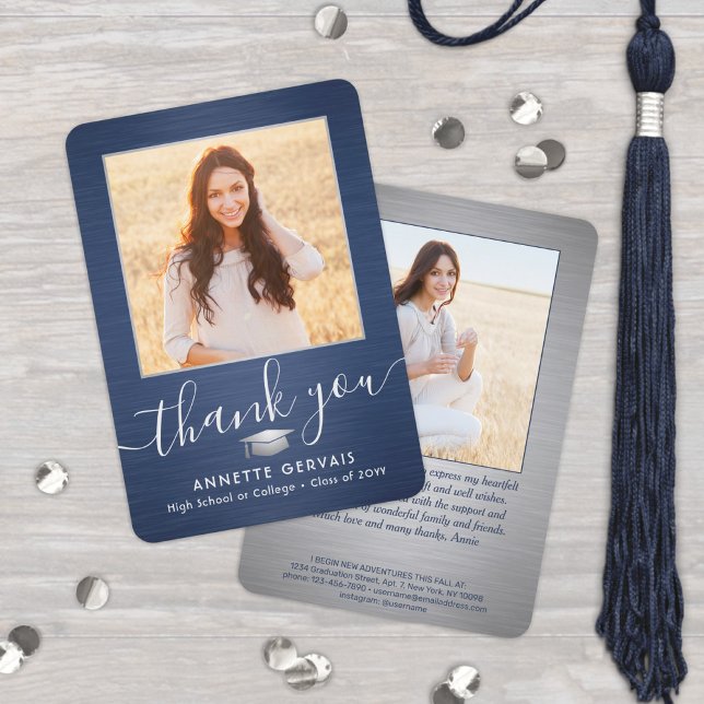 2 Photo New Address Brushed Navy Blue Graduation Thank You Card (Creator Uploaded)