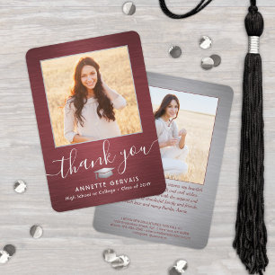 2 Photo New Address Brushed Red Grey Graduation Thank You Card